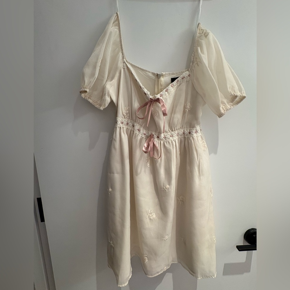 Lulu's Cream Dress with Pink Ribbon Accents